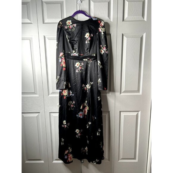 IEENA for Mac Duggal Belted Black Floral Print Long Sleeve Gown Women's Size 6 - Picture 4 of 16